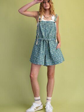 EASEL FLORAL PRINT WASHED DENIM ROMPER 100% COTTON